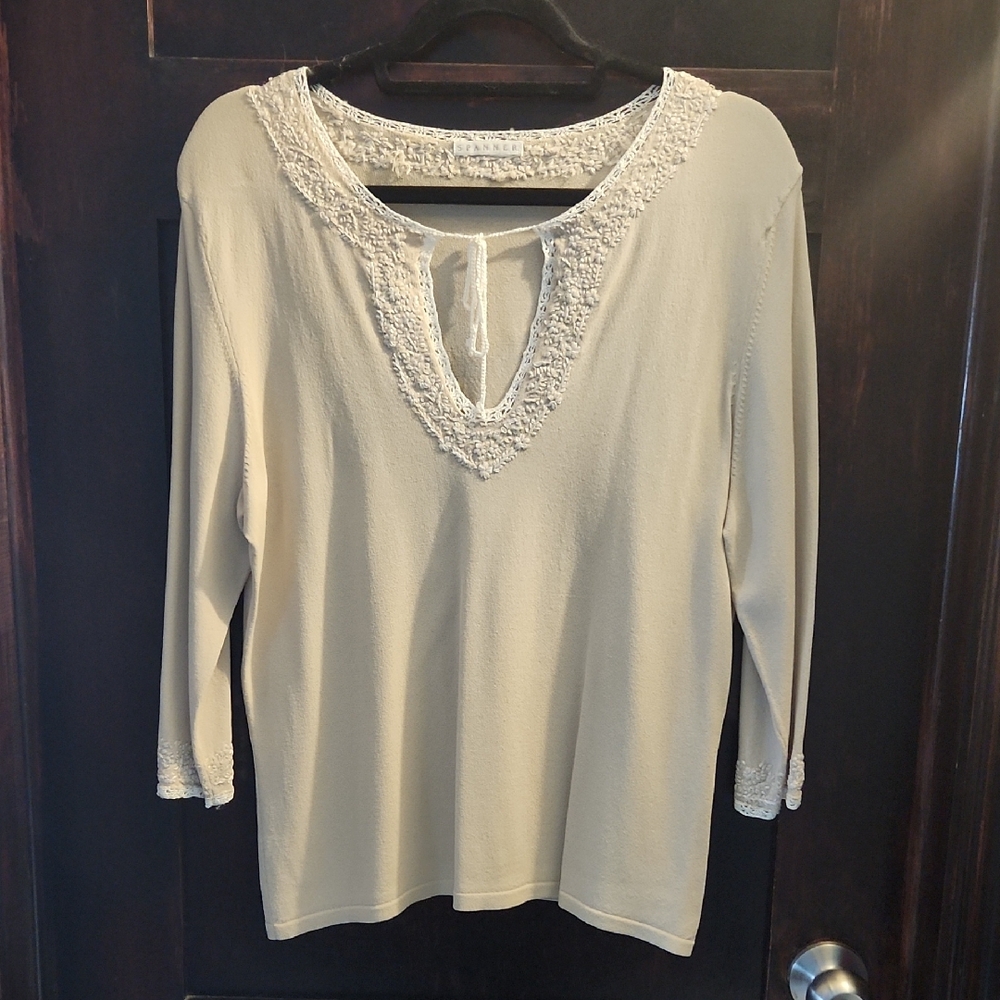 SPANNER Beige Knit Top With Lace Accent Women's Blouse